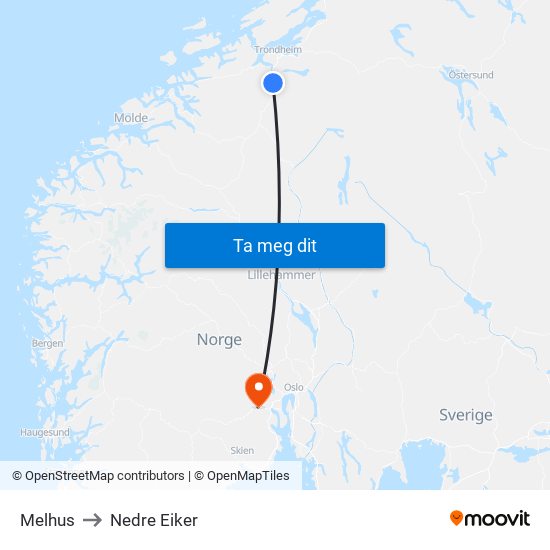 Melhus to Nedre Eiker map