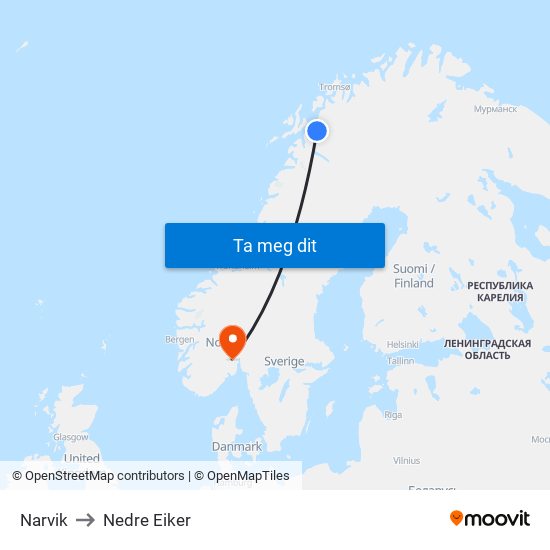 Narvik to Nedre Eiker map