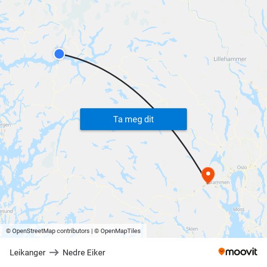 Leikanger to Nedre Eiker map
