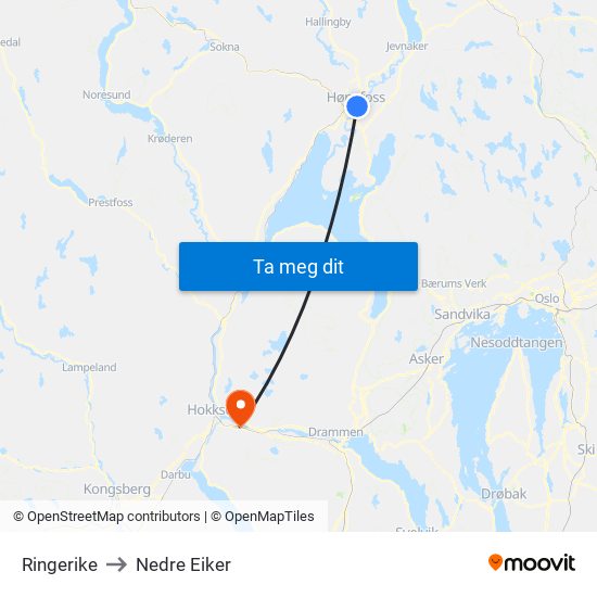 Ringerike to Nedre Eiker map