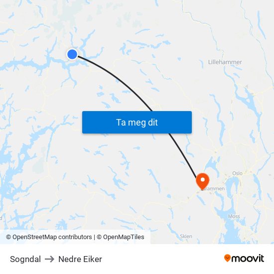 Sogndal to Nedre Eiker map