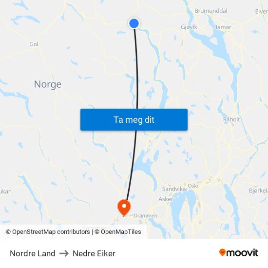 Nordre Land to Nedre Eiker map