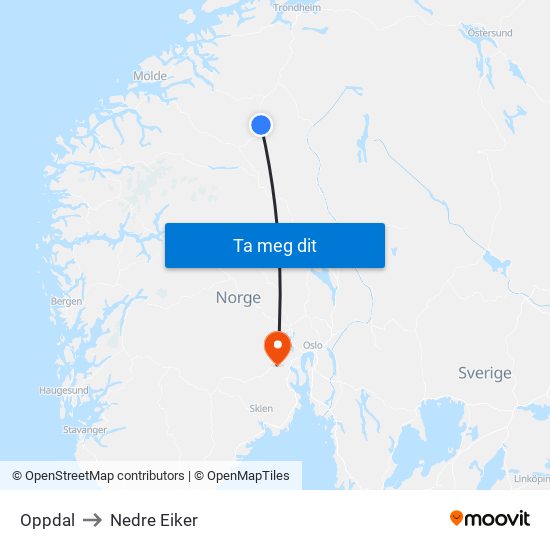 Oppdal to Nedre Eiker map