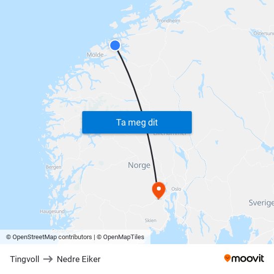 Tingvoll to Nedre Eiker map