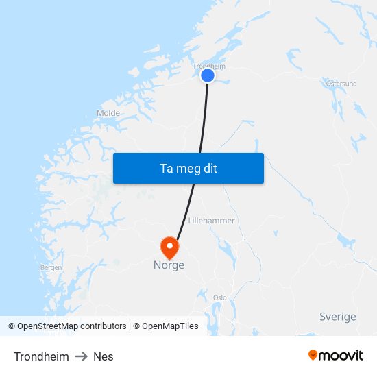 Trondheim to Nes map
