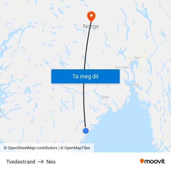 Tvedestrand to Nes map