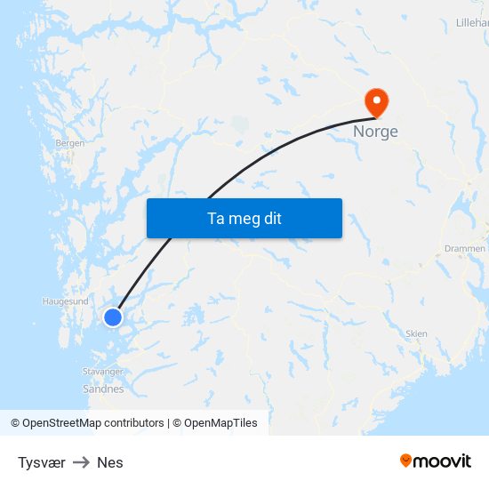 Tysvær to Nes map