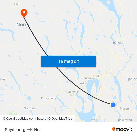 Spydeberg to Nes map