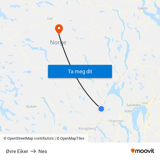 Øvre Eiker to Nes map