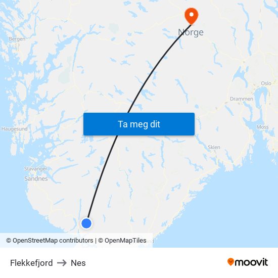 Flekkefjord to Nes map