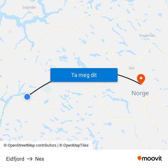 Eidfjord to Nes map