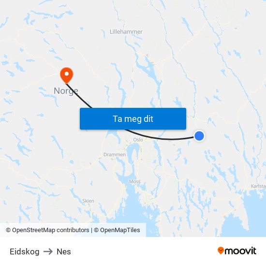 Eidskog to Nes map