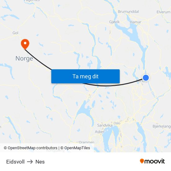 Eidsvoll to Nes map