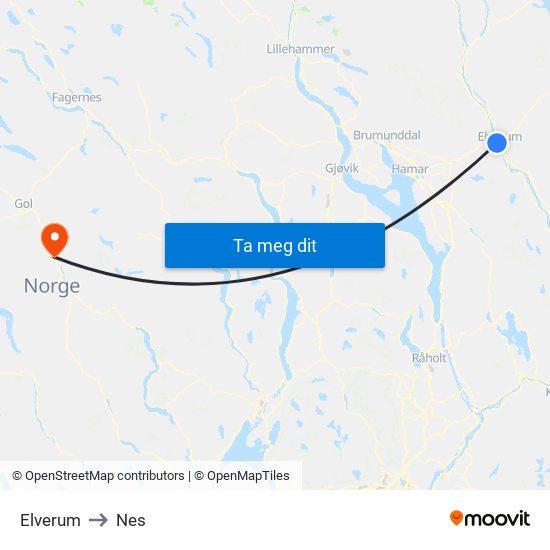 Elverum to Nes map