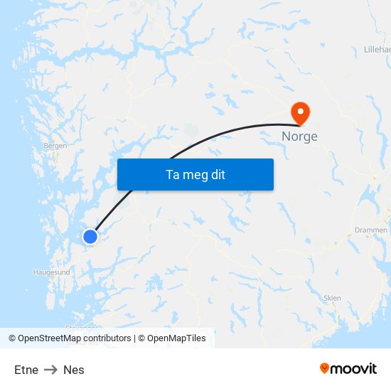 Etne to Nes map