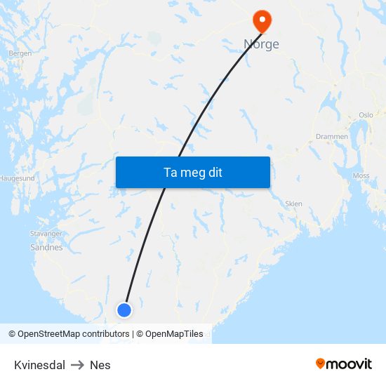 Kvinesdal to Nes map