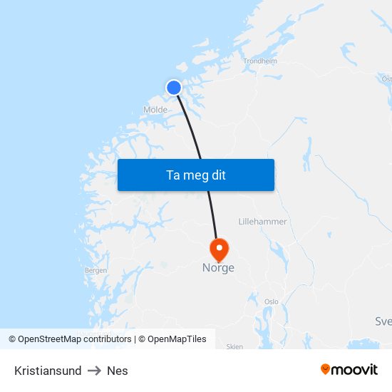 Kristiansund to Nes map