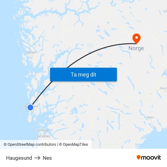 Haugesund to Nes map