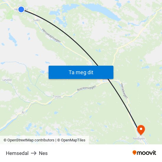 Hemsedal to Nes map