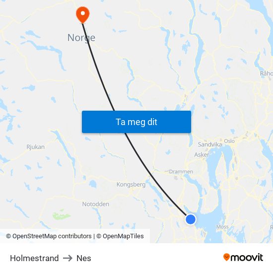 Holmestrand to Nes map