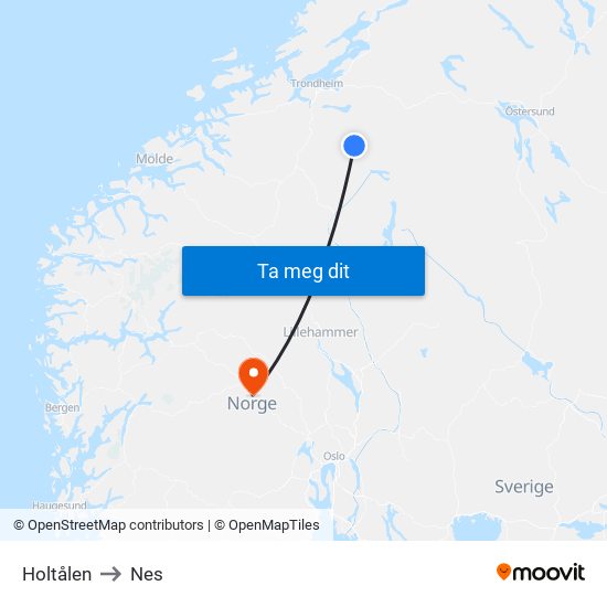Holtålen to Nes map