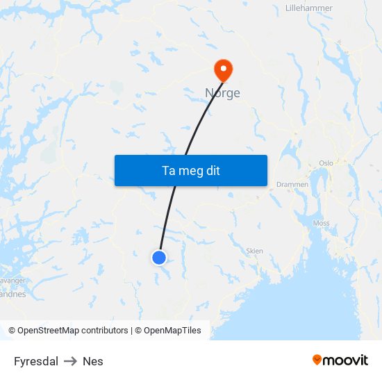 Fyresdal to Nes map
