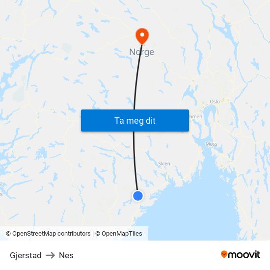 Gjerstad to Nes map