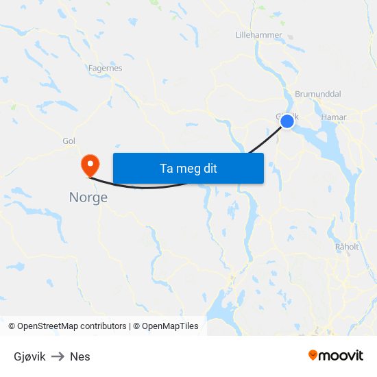 Gjøvik to Nes map