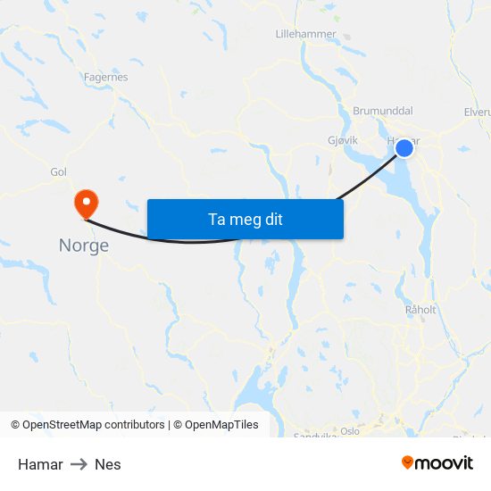 Hamar to Nes map