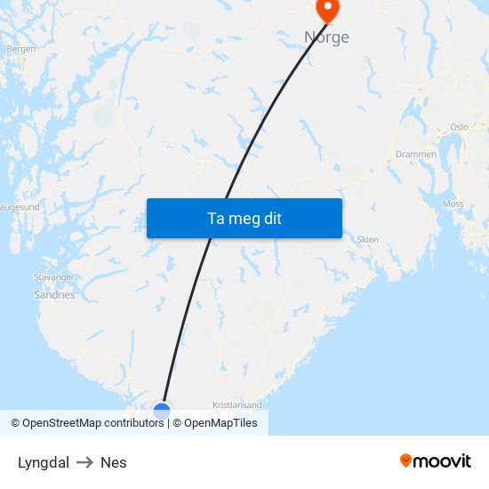 Lyngdal to Nes map