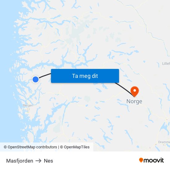 Masfjorden to Nes map