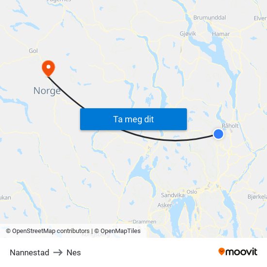 Nannestad to Nes map