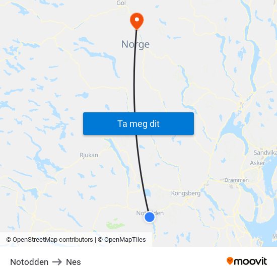 Notodden to Nes map