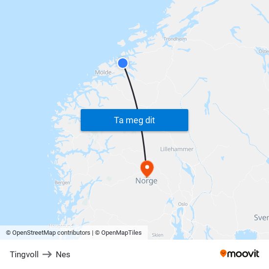 Tingvoll to Nes map