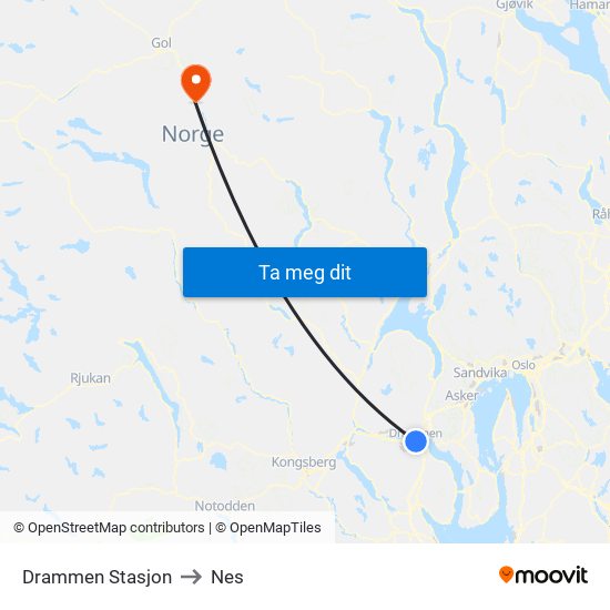 Drammen Stasjon to Nes map