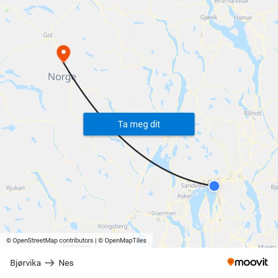 Bjørvika to Nes map