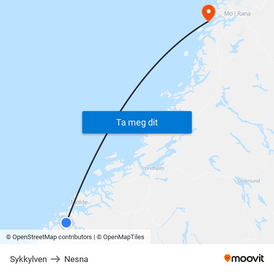 Sykkylven to Nesna map