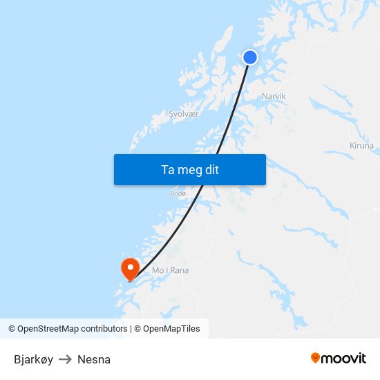 Bjarkøy to Nesna map