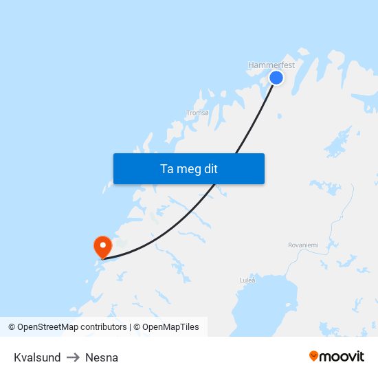 Kvalsund to Nesna map