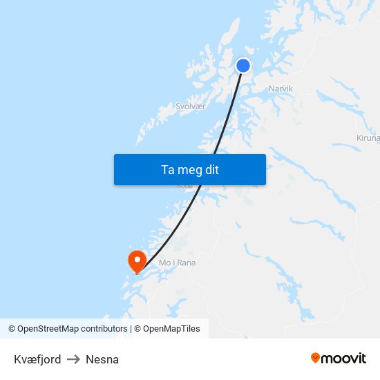 Kvæfjord to Nesna map