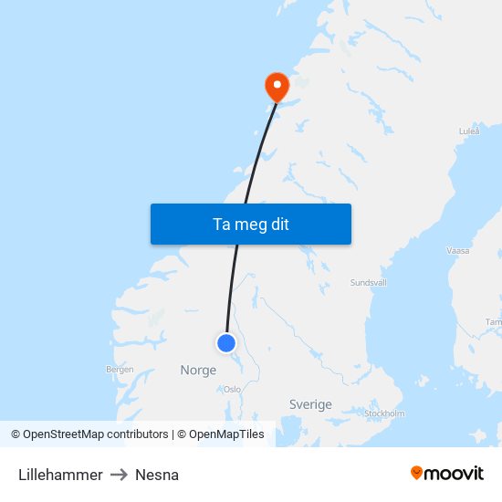 Lillehammer to Nesna map