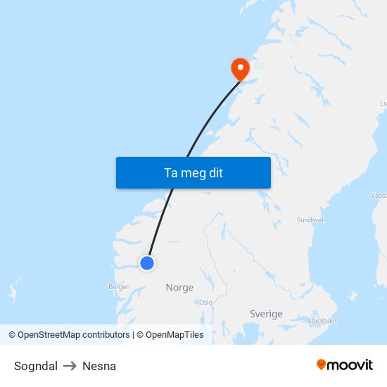 Sogndal to Nesna map