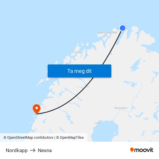 Nordkapp to Nesna map