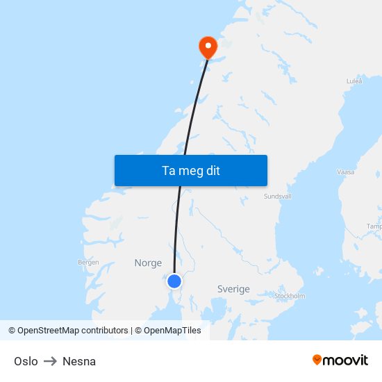 Oslo to Nesna map