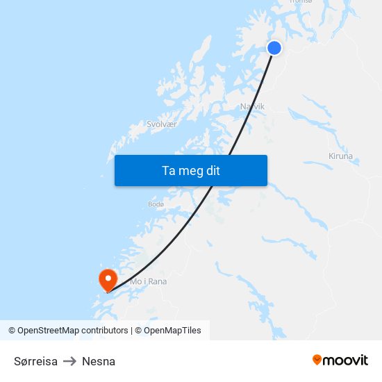 Sørreisa to Nesna map