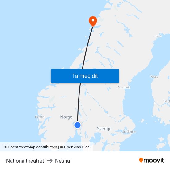 Nationaltheatret to Nesna map