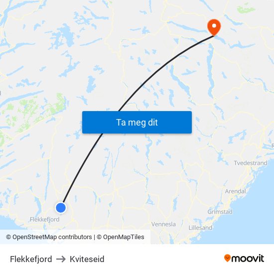 Flekkefjord to Kviteseid map