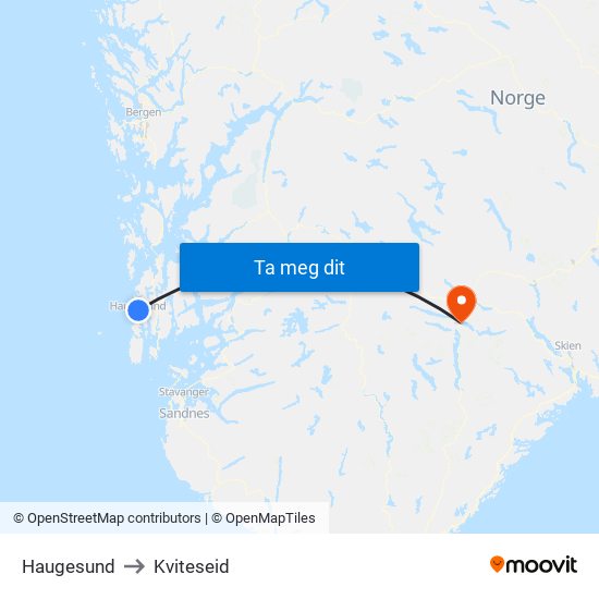 Haugesund to Kviteseid map