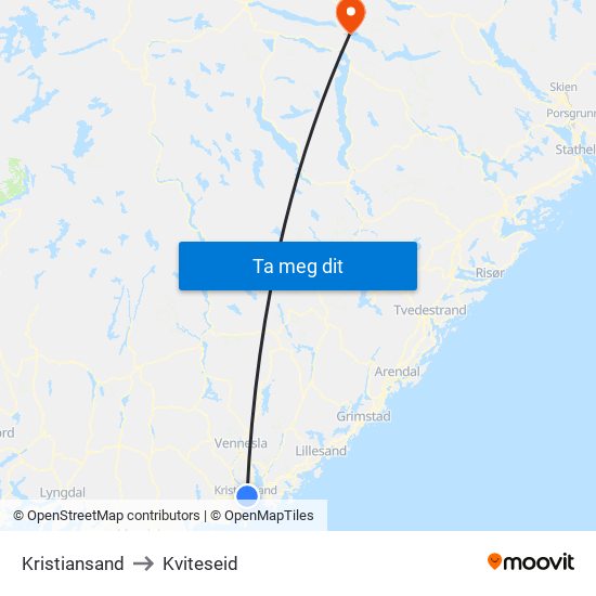 Kristiansand to Kviteseid map