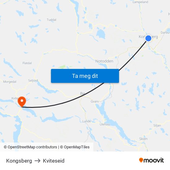 Kongsberg to Kviteseid map